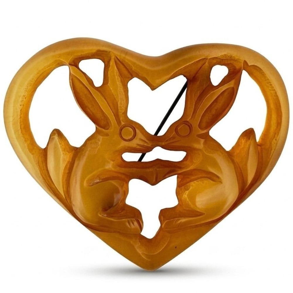 Vintage‎ Bakelite Carved Pierced Double Rabbit Heart Brooch Butterscotch Tested